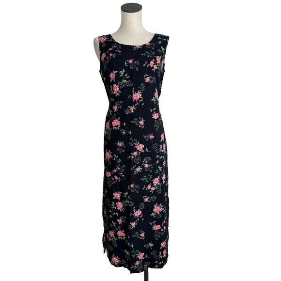 Vintage Kathie Lee Dress Black Floral Sleeveless Slip Tank Tie Back Size 4/6 - Picture 1 of 10